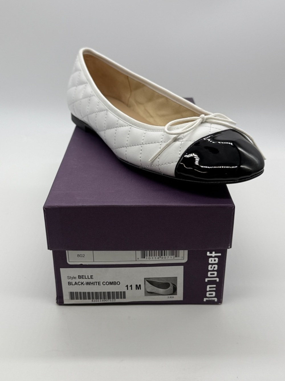 Jon Josef Belle Quilted White Ballet Flat with Black Patent Cap Toe